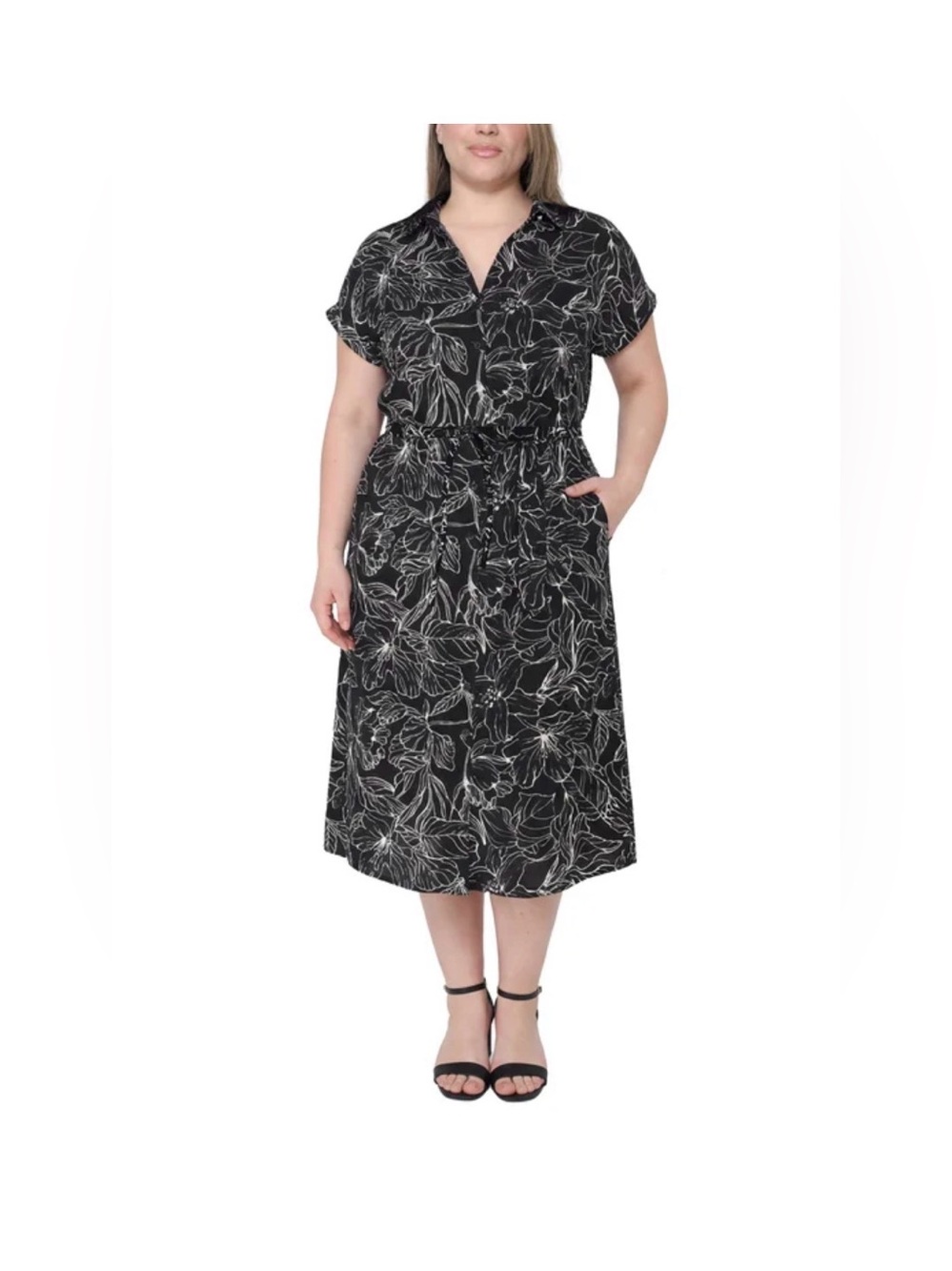 Badgley Mischka Black Floral Print Short Sleeve Midi Dress
